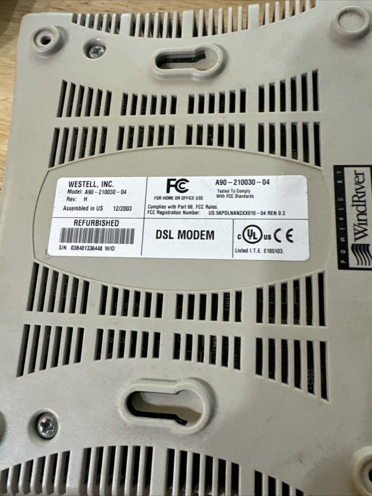 Wind River:Westell, Inc. Wire Speed DSL Modem # A90-210030-04 Data & Ethernet.