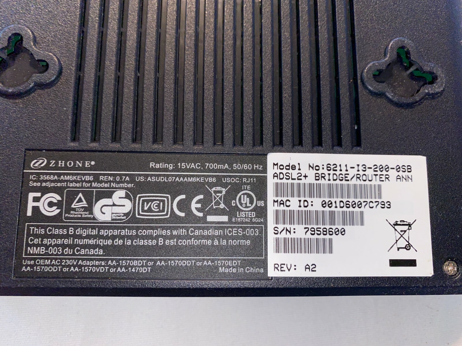 SPRINT Zhone 6211-I3-200 ADSL2+ BLACK DSL Internet BRIDGE ROUTER MODEM