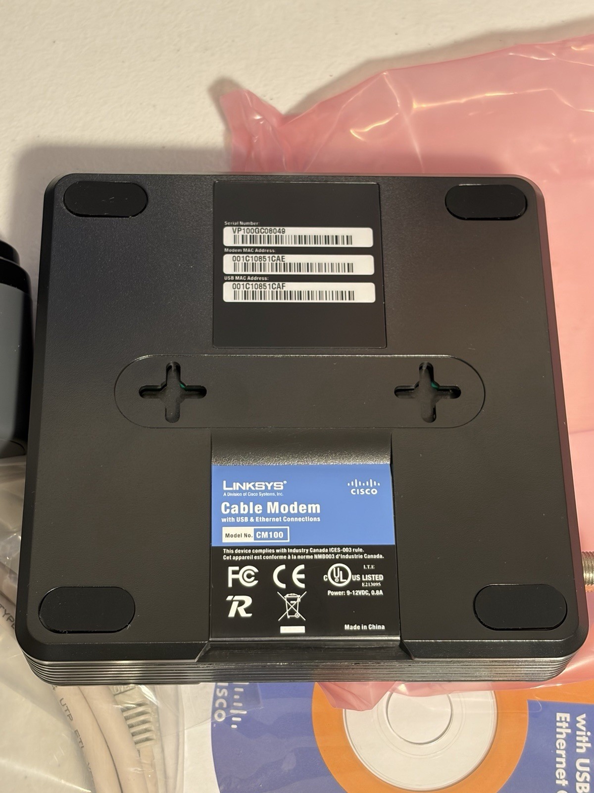 Cisco-Linksys Cable Modem with USB And Ethernet Connections Model #CM100