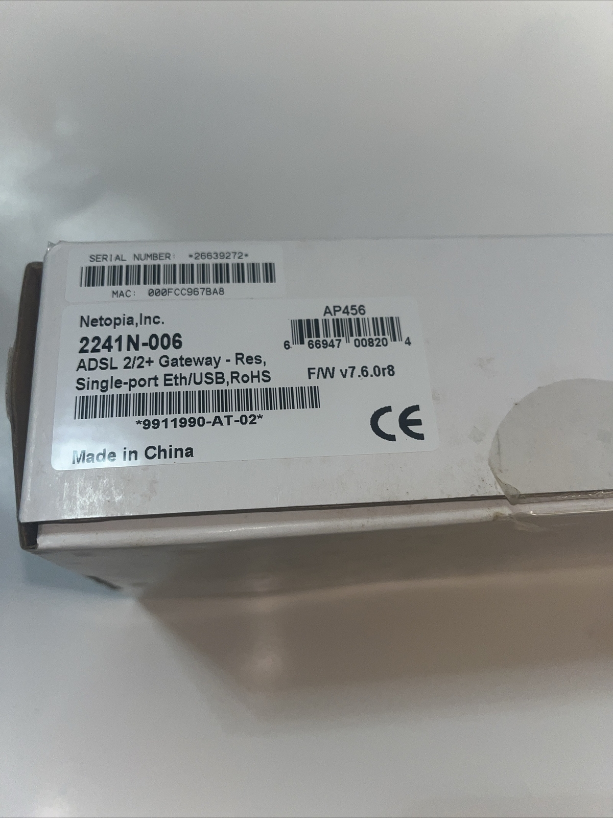 Netopia 2241N-006 ADSL 2/2+Gateway – Single-Port Eth/USB Modem NIB