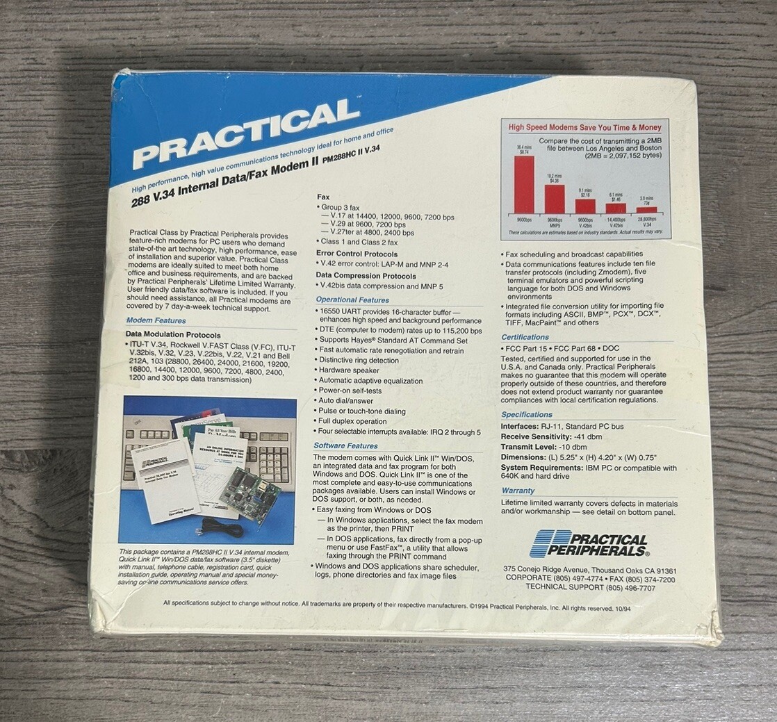 Practical Peripherals PM288HC II V.34 Internal Data/Fax Modem NOS Sealed 1994