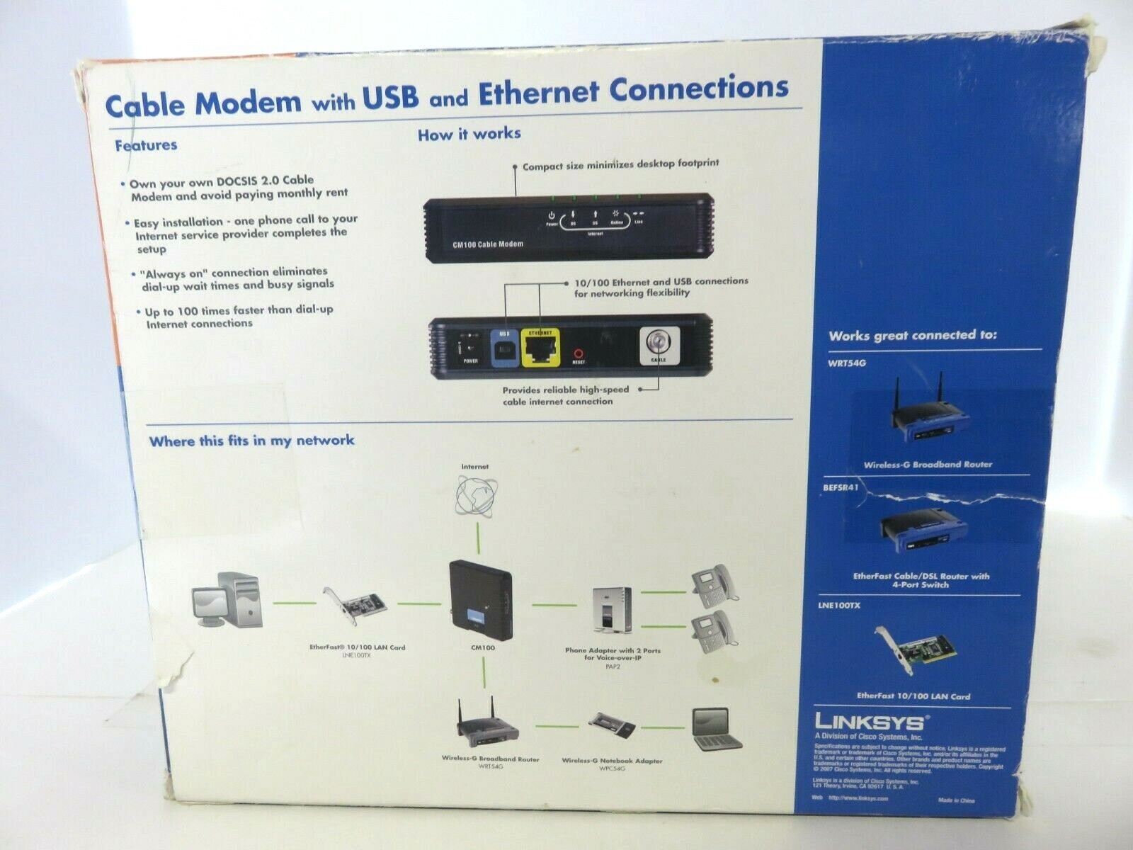 Linksys CM100 Cable Modem W/ USB & Ethernet Connections