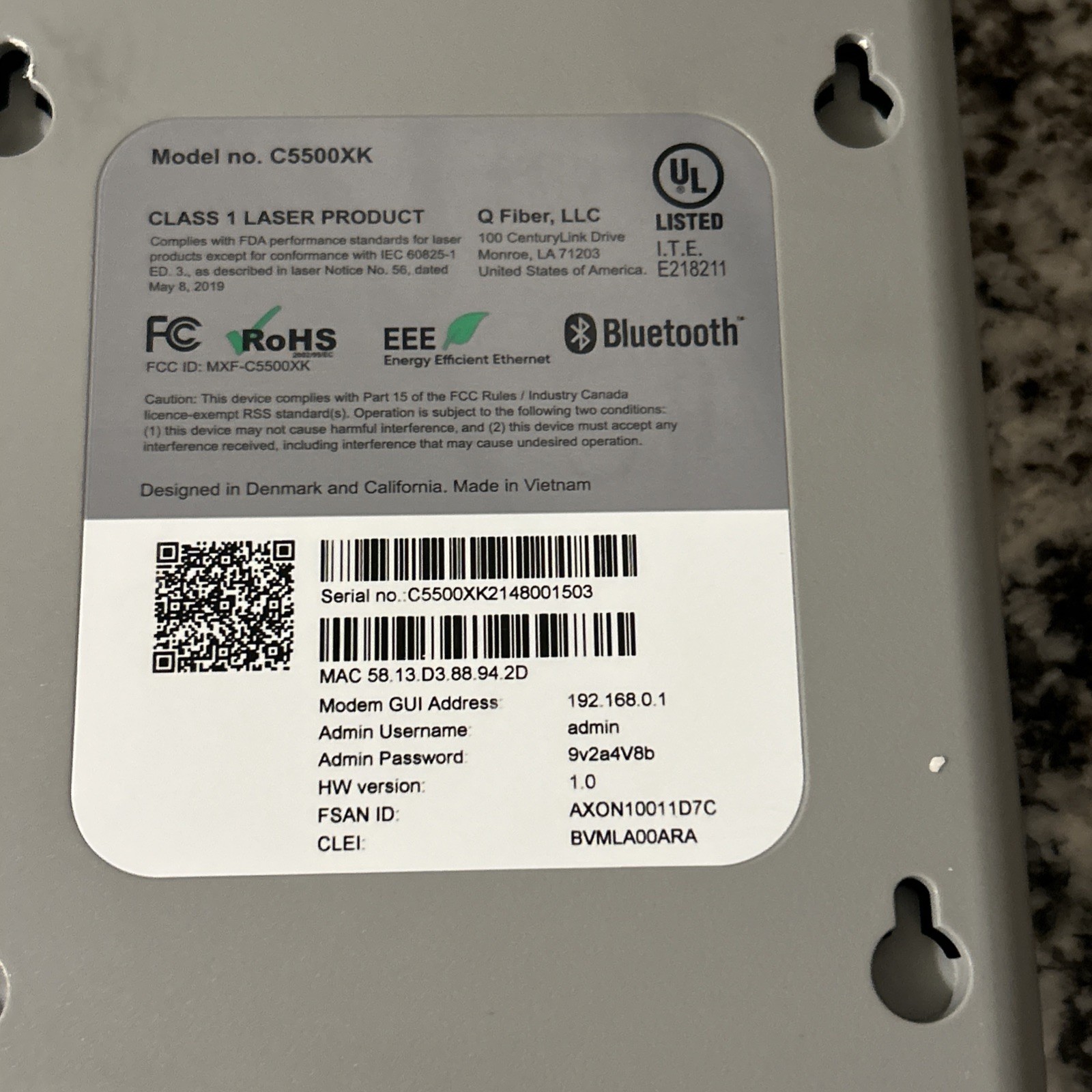 Quantum Fiber C5500XK High Performance Modem, Includes Power Adapter