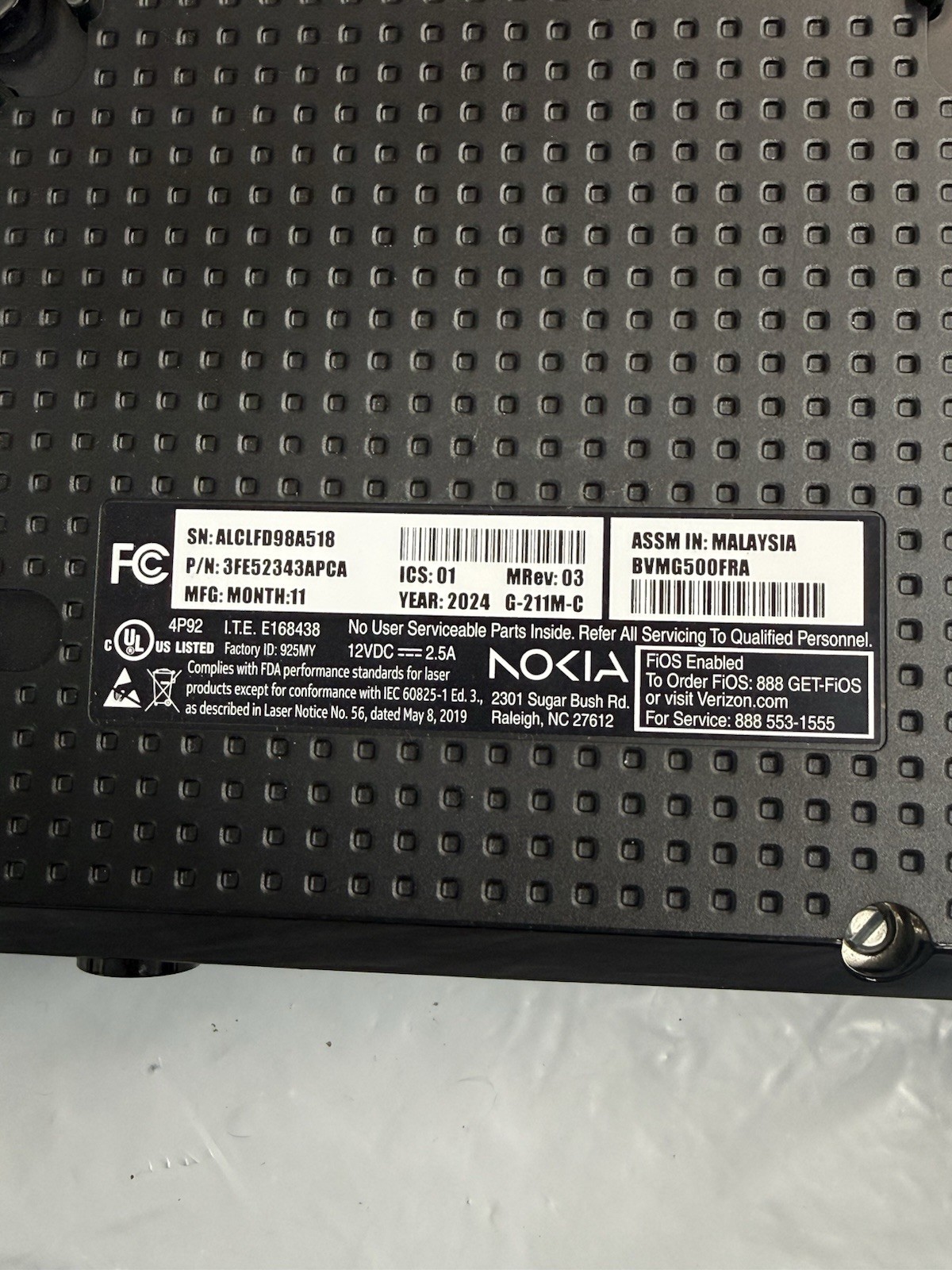 Nokia BVMG500FRA Verizon FiOS Fiber ONT Optical Network Terminal w/ Power