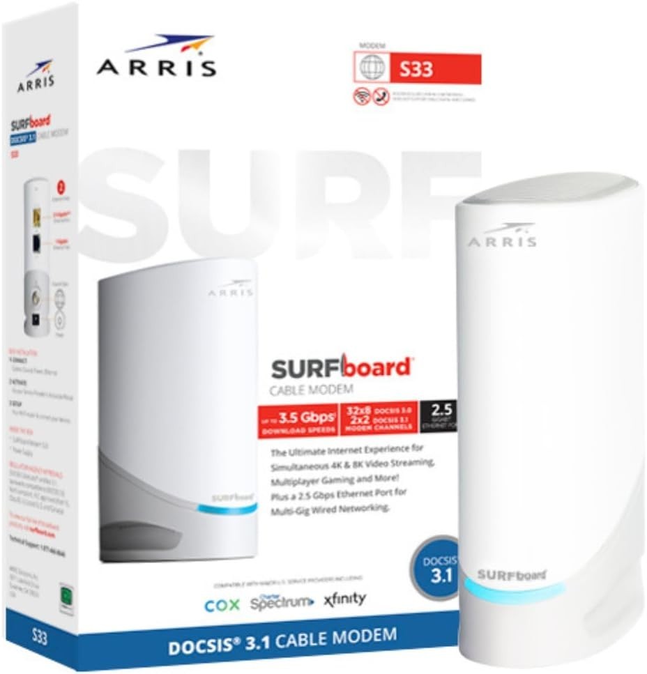 ARRIS SURFboard S33 DOCSIS 3.1 Multi-Gig Cable Modem (Up to 2.5 Gbps)