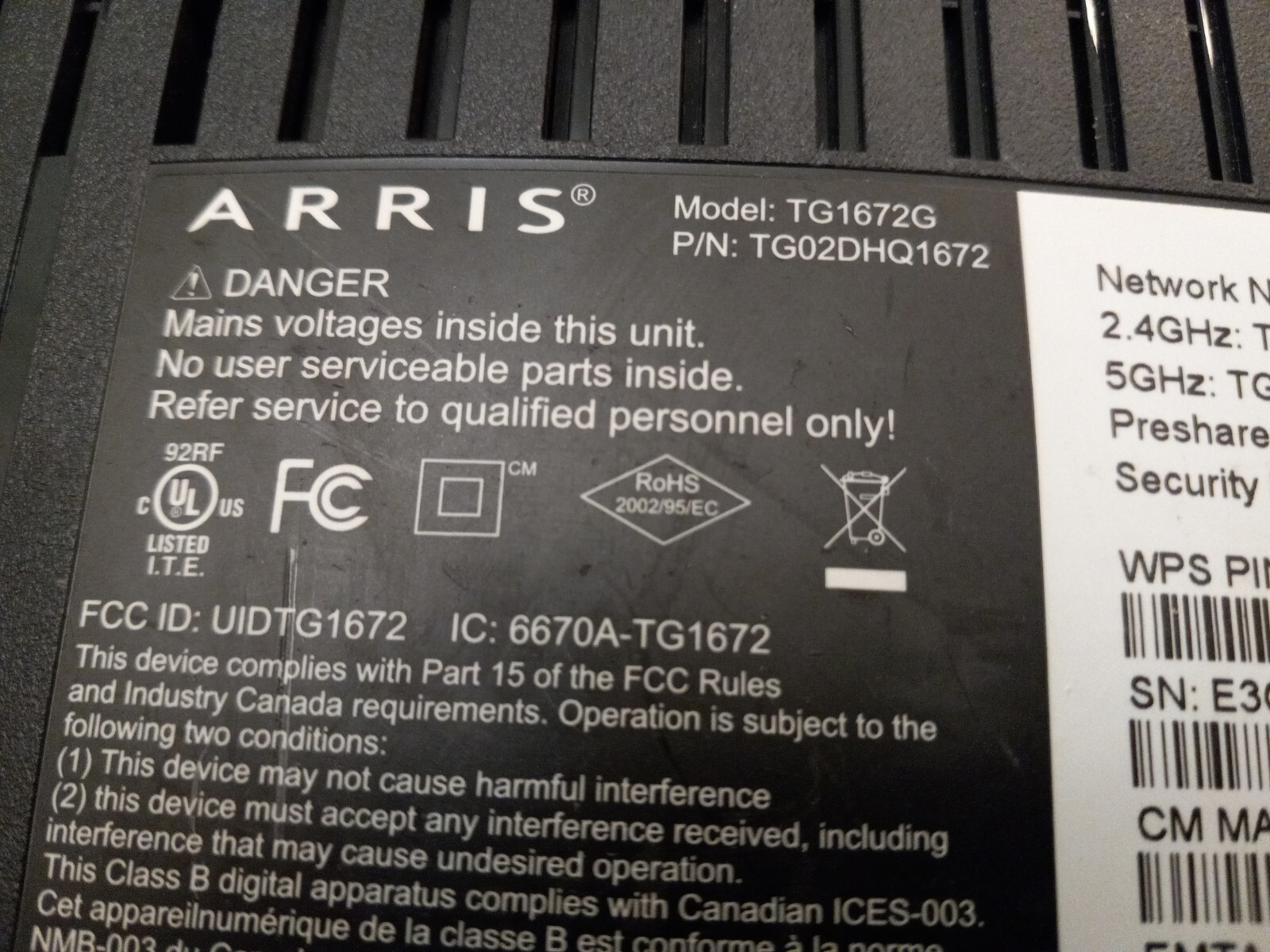 Arris TG1672G Touchstone Telephony Gateway WIFI 2.5GHz-5.0GHz Modem ONLY Works