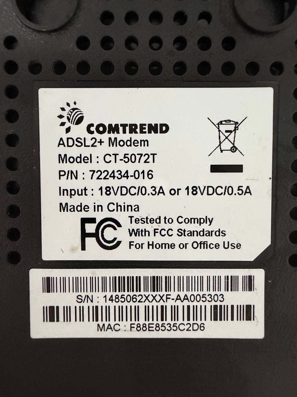 Comtrend CT-5072T ADSL2+ Modem 24 Mbps Ethernet RJ-45 Black MPN 722434-016