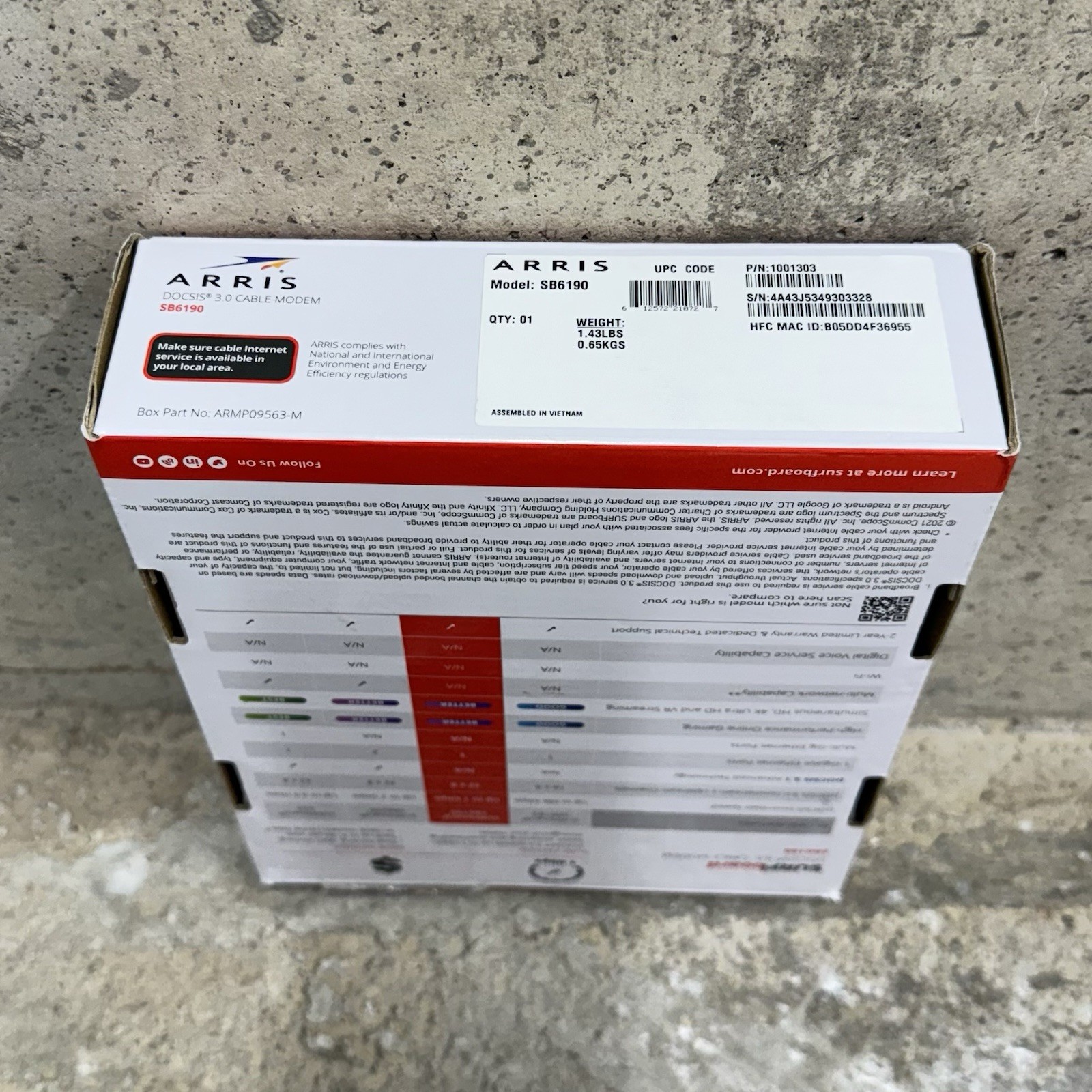 ARRIS SURFboard SB6190 DOCSIS 3.0 32×8 Gigabit Cable Modem 1 Gbps Open Box