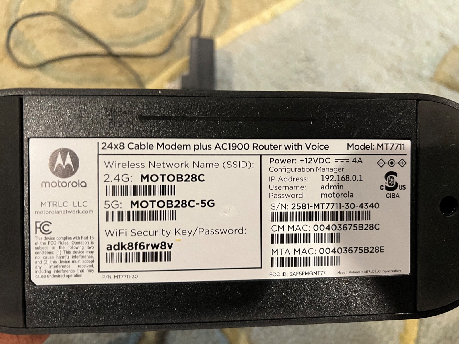 Motorola MT7711 24X8 Cable Modem Dual Wi-Fi Gigabit Router w/ Voice Refurbished