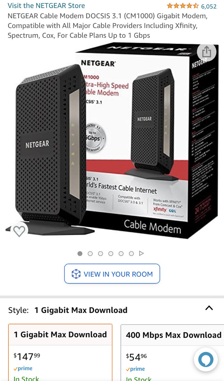 NETGEAR CM1000 DOCSIS 1000Mbps Cable Modem + TP Link AX1800 Acher AX21 Router