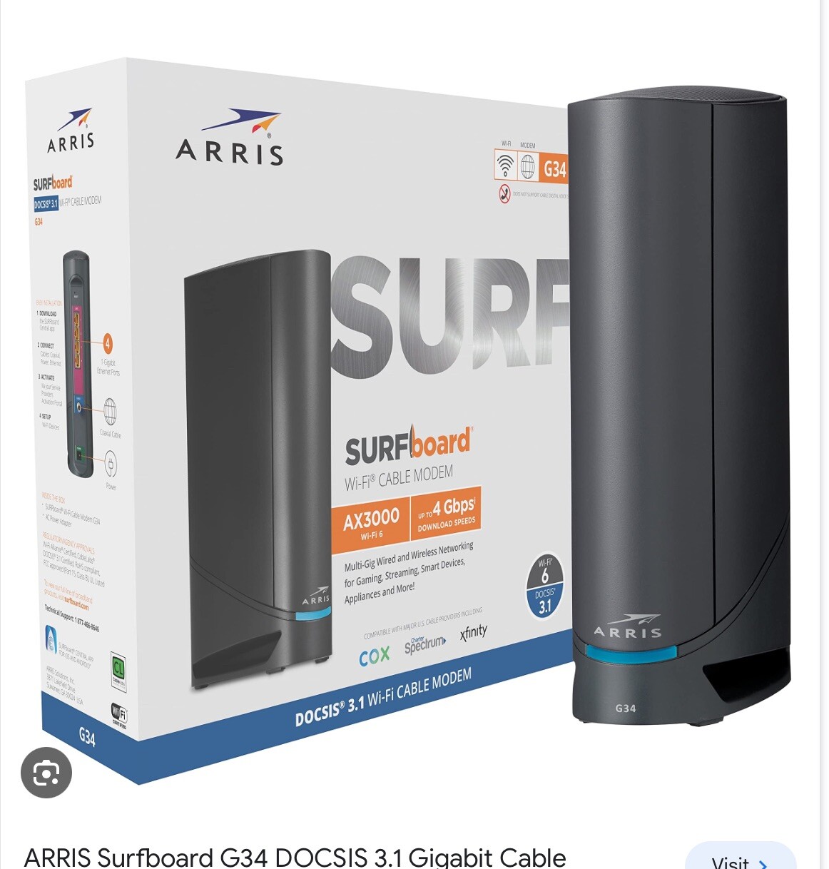 Arris Surfboard G34 WiFi6 Cable Modem Ax3000 up to 4 Gbps ⬇️ Speeds Docsis 3.1 I