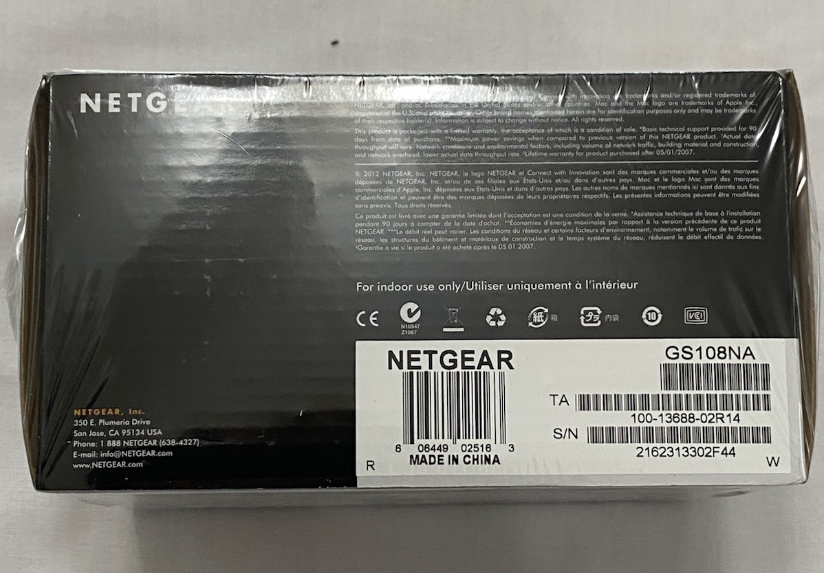 Netgear Prosafe 8 Port Gigabit Switch GS108 10/100/1000 Mbps New in Box