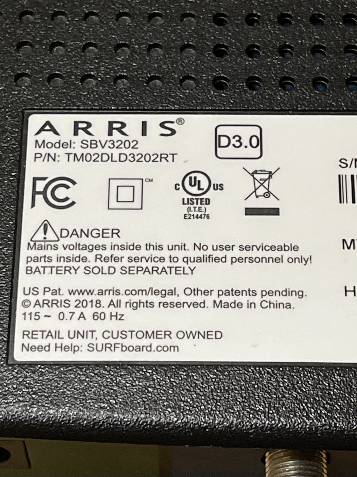 ARRIS SURFboard SBV3202 32×8 Docsis 3.0 Black Cable Modem Computer Internet