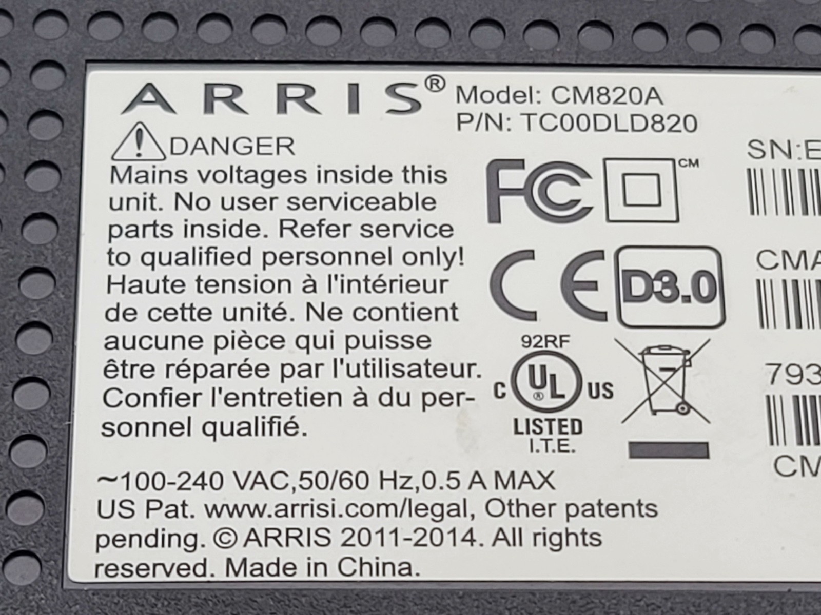 ARRIS CM820A DOCSIS 3.0 CABLE MODEM CM820 ETHERNET BROADBAND MODEM W CABLE