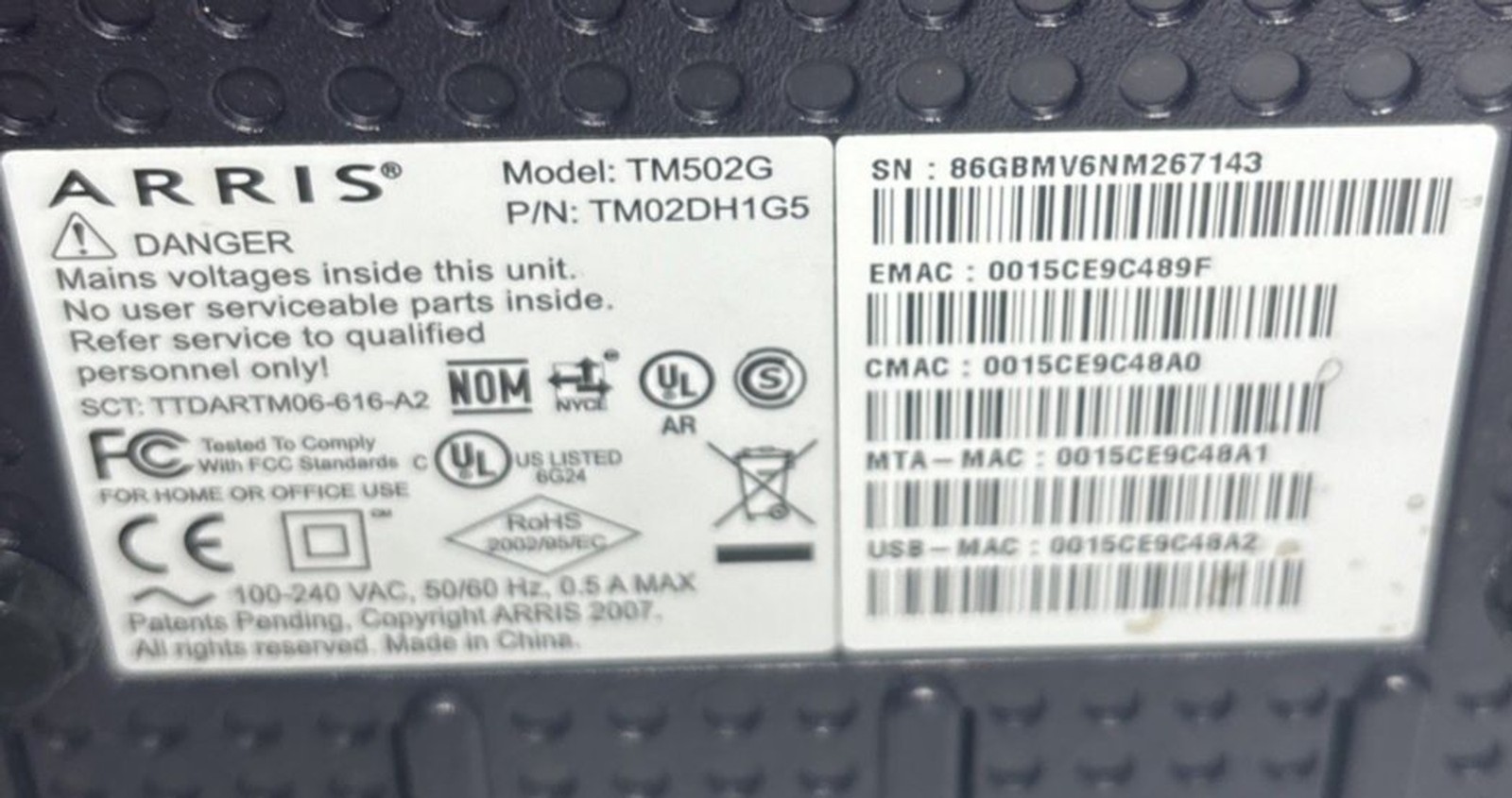 Arris TM502G Touchtone Telephony Modem TM502G w/ Power Adapter TM02DH105- Tested