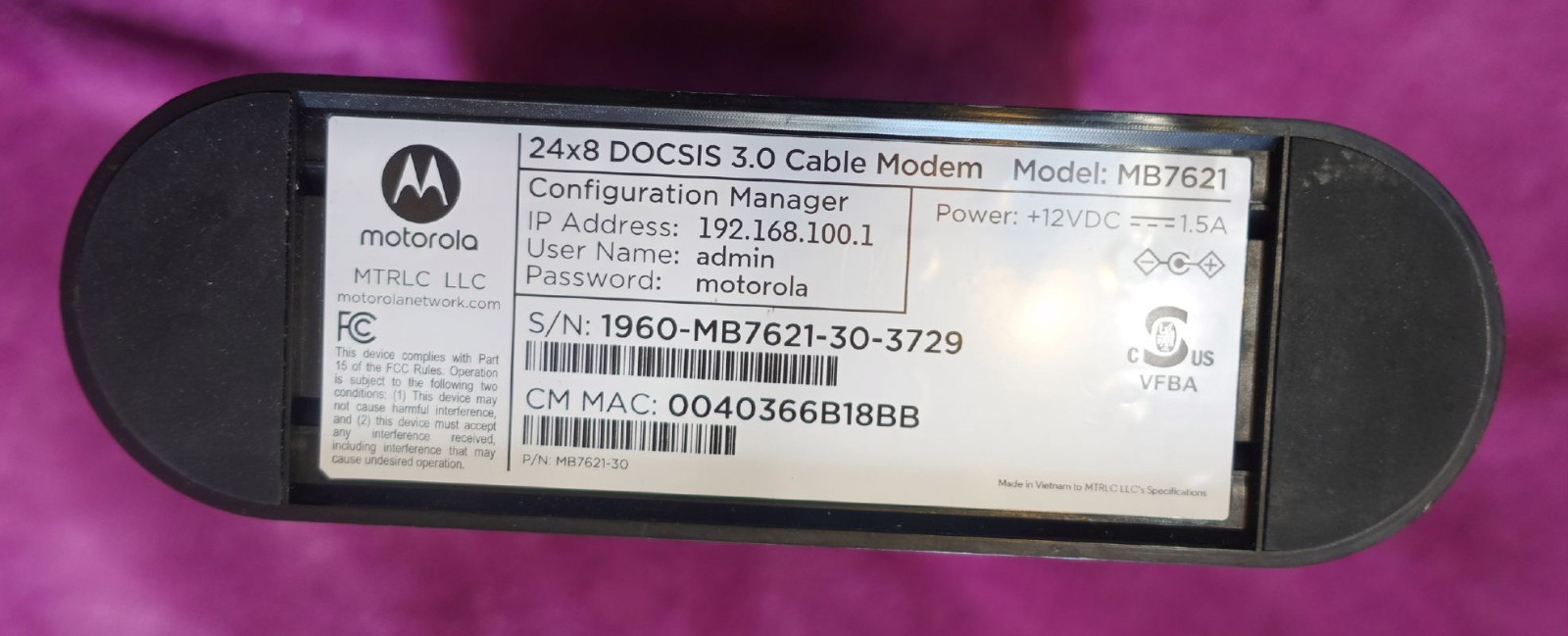 MOTOROLA 24×8 Docsis 3.0 Cable Modem Model MB7621 – NO Power Cord
