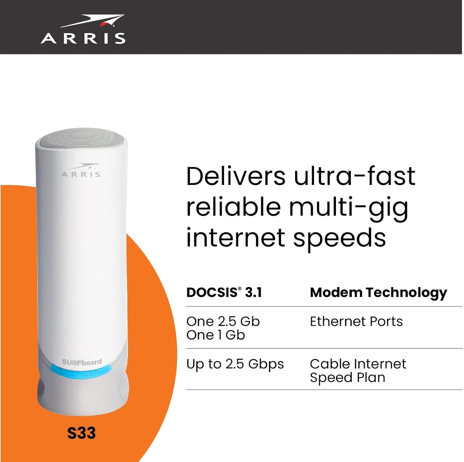 SURFboard S33 Renewed DOCSIS 3.1 Cable Modem – 2.5 Gbps High-Speed Networking
