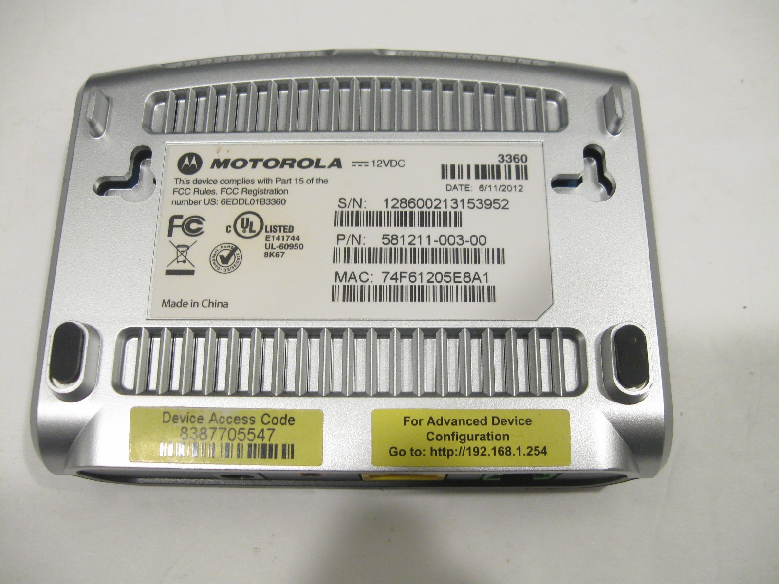 AT&T High Speed DSL Modem, power cord, and box: 3360, 58111-003-00