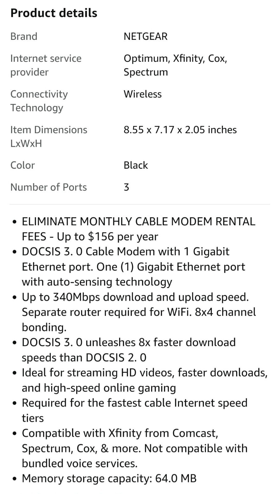Netgear DOCSIS 30 (CM400-100NAS) 340 Mbps -Save $$ on Cable Modem Yearly Rental