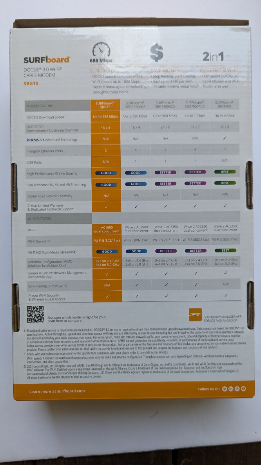 ARRIS SURFboard SBG10 DOCSIS3.0 16×4 Gigabit Cable Modem & Router 686 Mbps
