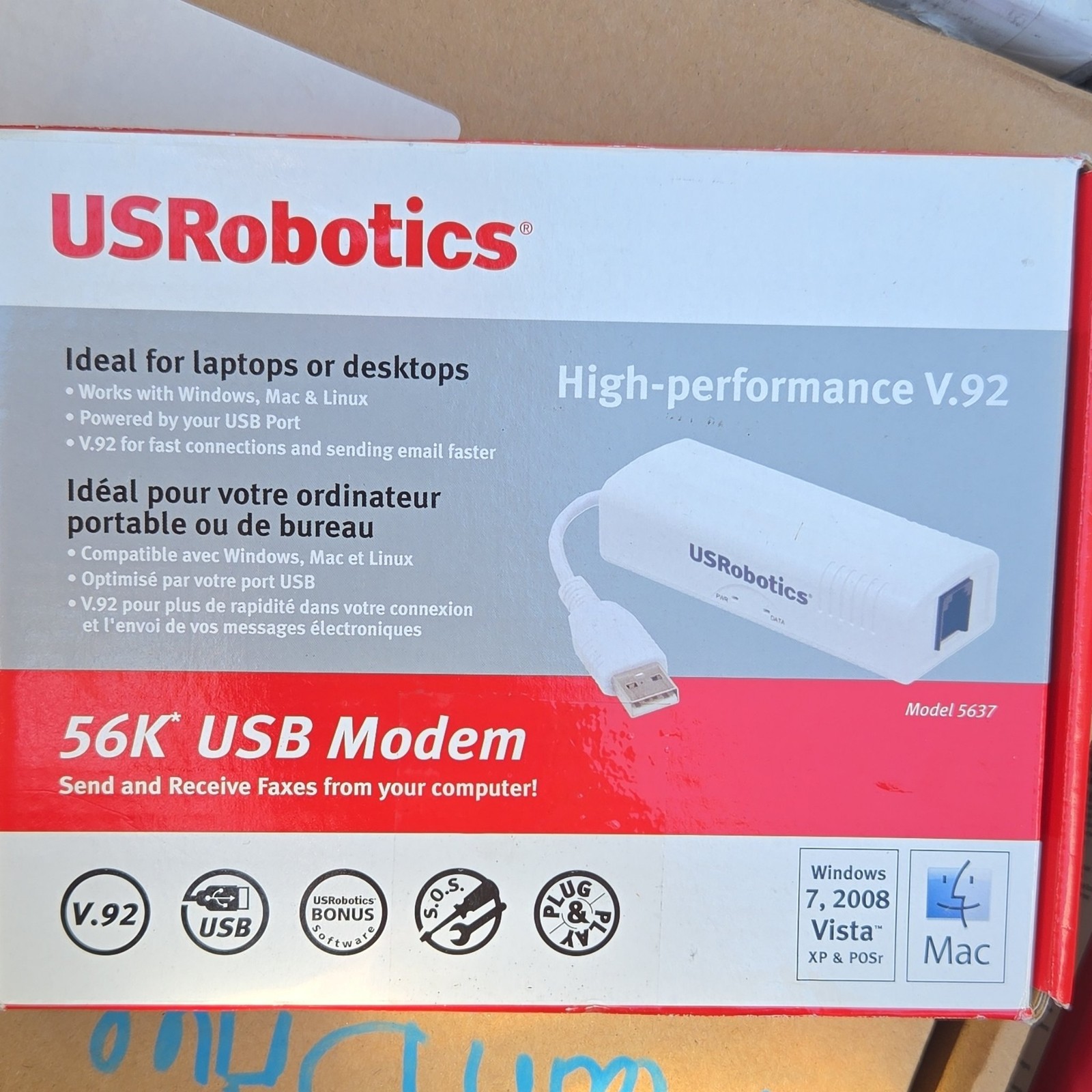 USRobotics 56K USB Modem 5637 V.92 External Dial-Up Fax Plug & Play