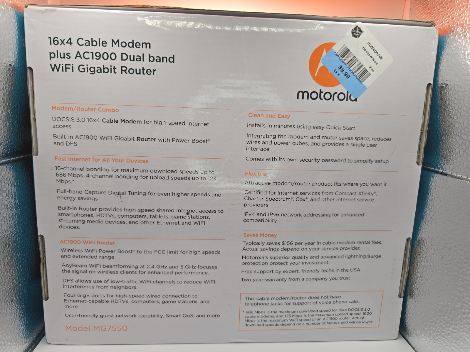 Motorola MG7550 16×4 High Speed ​​Cable Modem – Gray Open Box Not Used