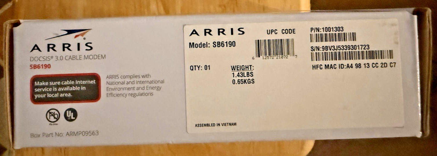 NEW ARRIS SURFboard SB6190 DOCSIS 3.0 Cable Modem 32×8 One 1-Gigabit NIB