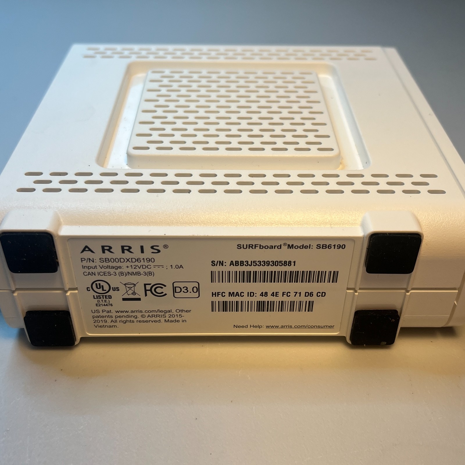 ARRIS SURFboard SB6190 w/Adapter DOCSIS 3.0 Cable Modem 32×8 Channel Bonding