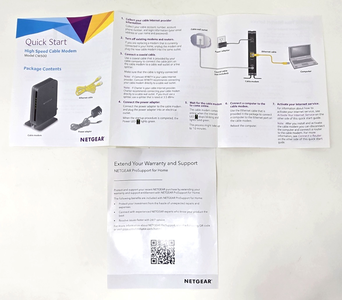 NetGear High Speed Cable Modem CM500 Quick Install Guide Power Adapter 680 Mpbs