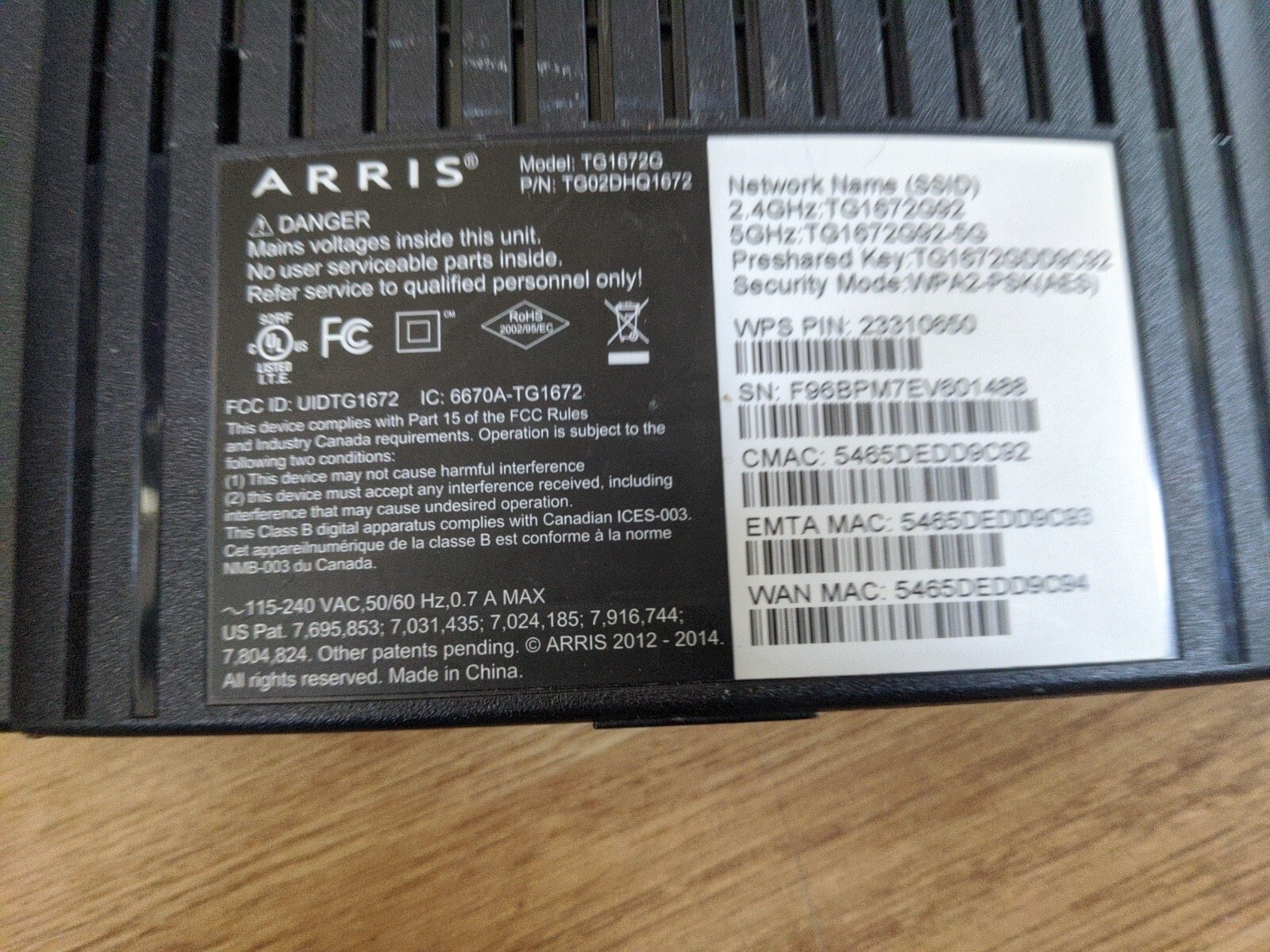 Arris TG1672G Gateway WIFI (2.4GHz – 5.0GHz) 4 Port Modem