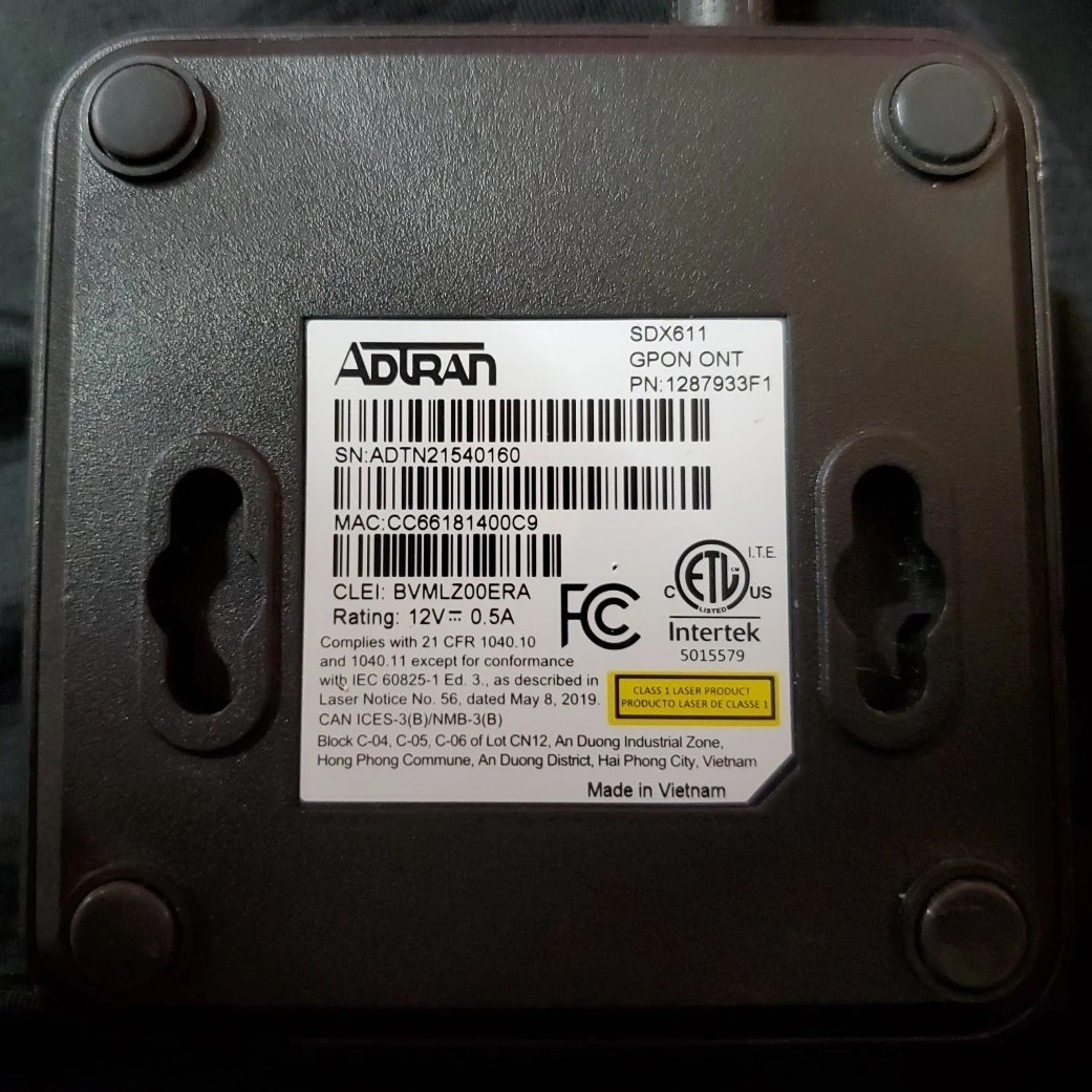 Adtran SDX611 1287933F1 GPON ONT Optical Terminal Black / Power & Ethernet Cable