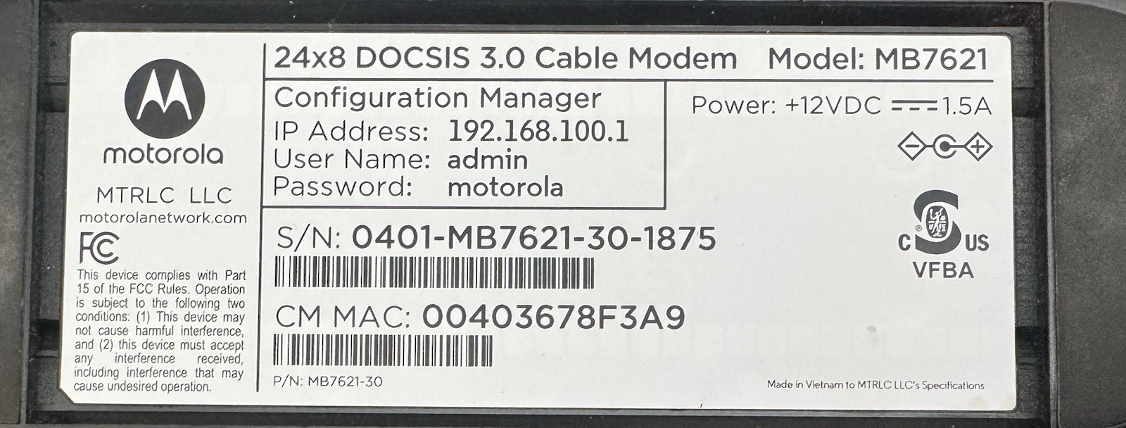 Motorola – MB7621 24×8 DOCSIS 3.0 Cable Modem 1029 Mbps Ethernet Cable Included