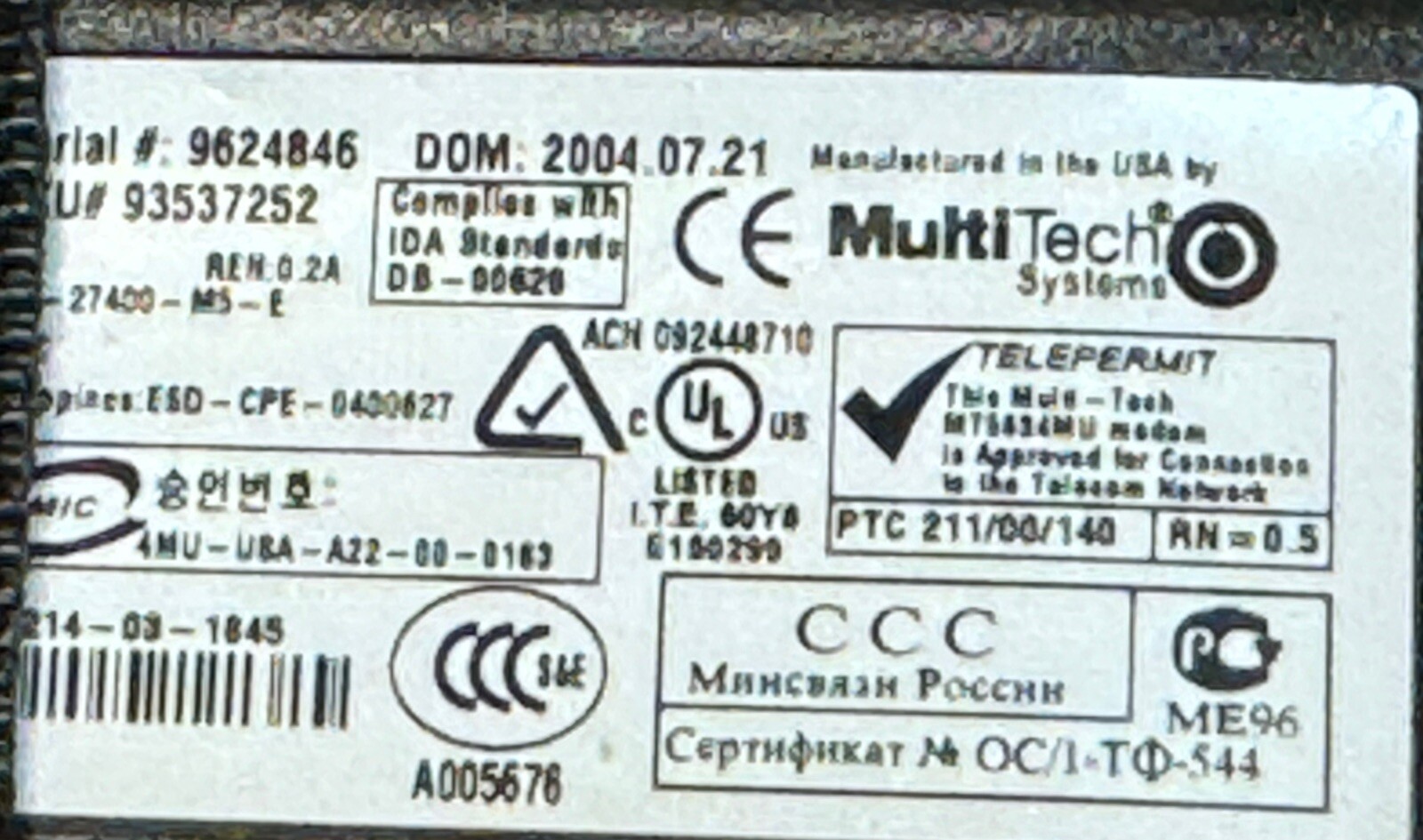 MULTITECH MULTIMOBILE USB MT5634MU 56K DATA/FAX MODEM