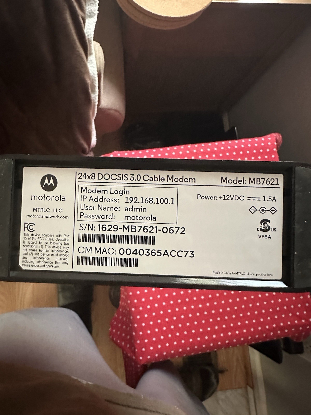 Motorola MB7621 Cable Modem DOCSIS 3.0 24×8 High Speed Up to 900 Mbps
