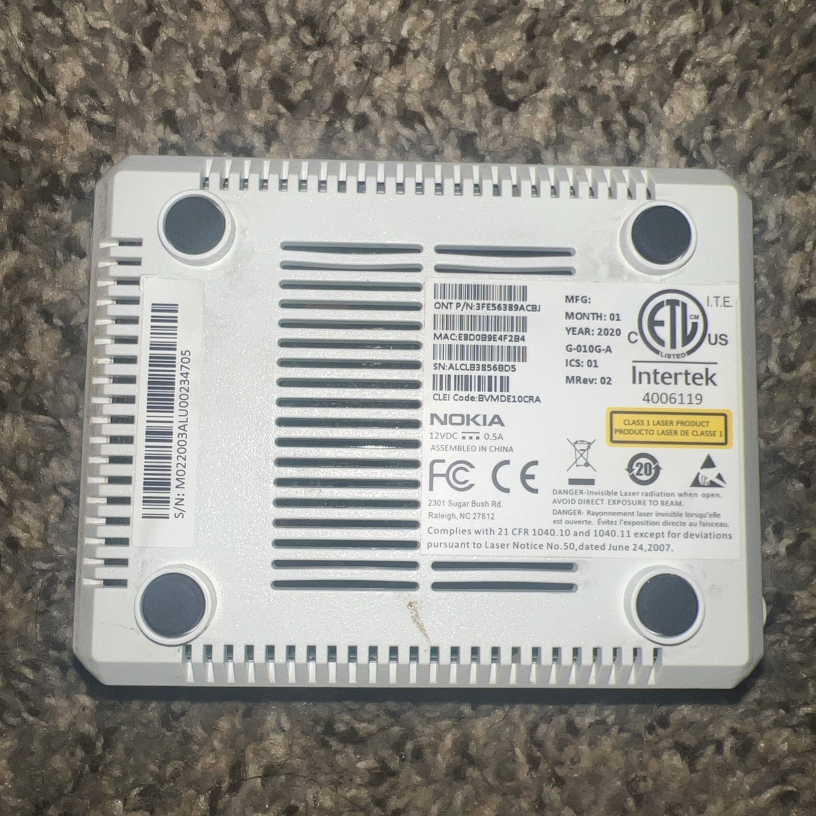 Nokia Intertek Fiber Optix Ethernet AT&T G-010G-A #4006199 2020 + Wall Plates Wh