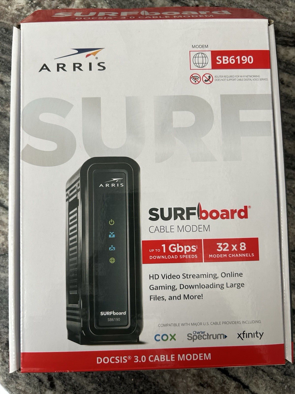 ARRIS SURFboard SB6190 DOCSIS 3.0 Cable Modem 1Gbps HD Streaming Gaming Spectrum