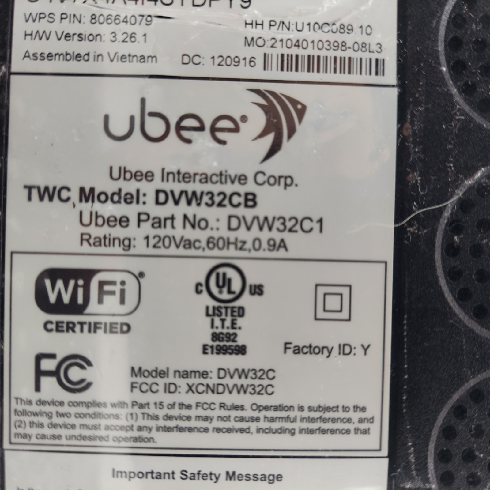 Ubee DVW32CB Wireless Voice Gateway Modem and Router