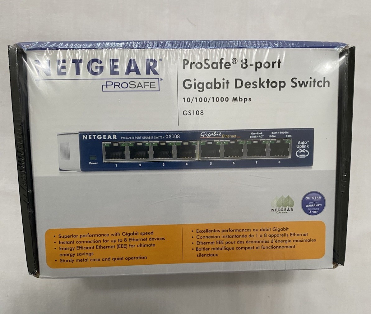 Netgear Prosafe 8 Port Gigabit Switch GS108 10/100/1000 Mbps New in Box