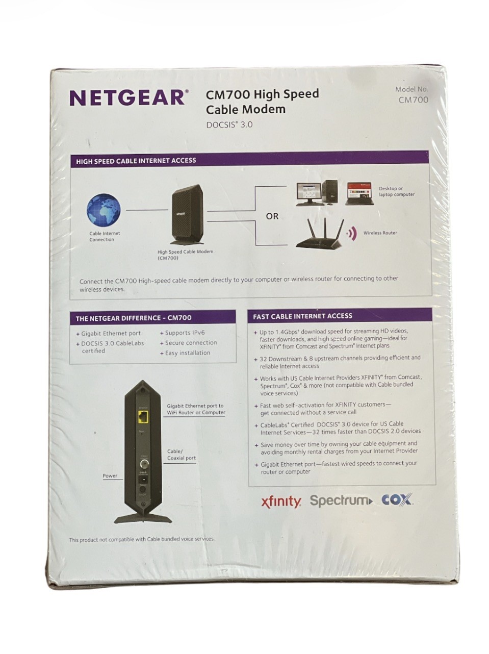 Netgear Cable Modem Black CM700 High Speed DOCSIS 3.0 1.4Gbps 32×8 New/Sealed