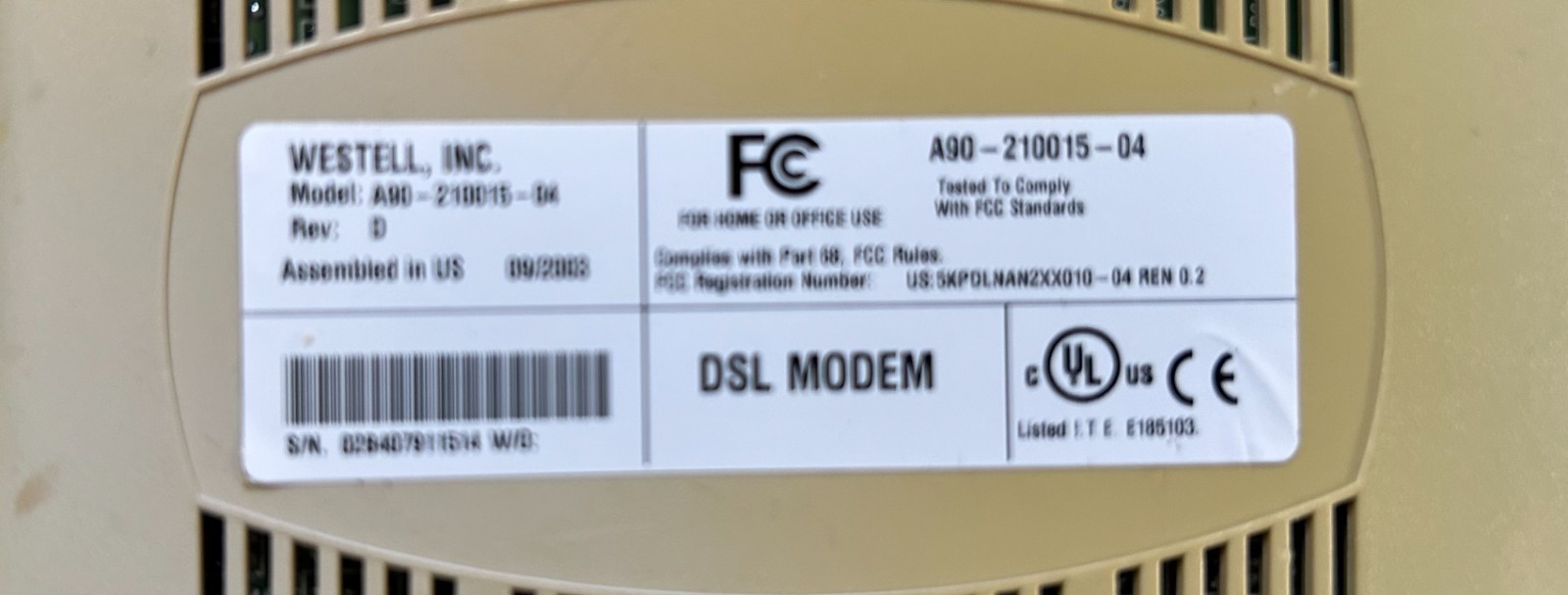 Westell Wirespeed DSL Modem A90-210015-04 Cables and Adaptor For Home or Office