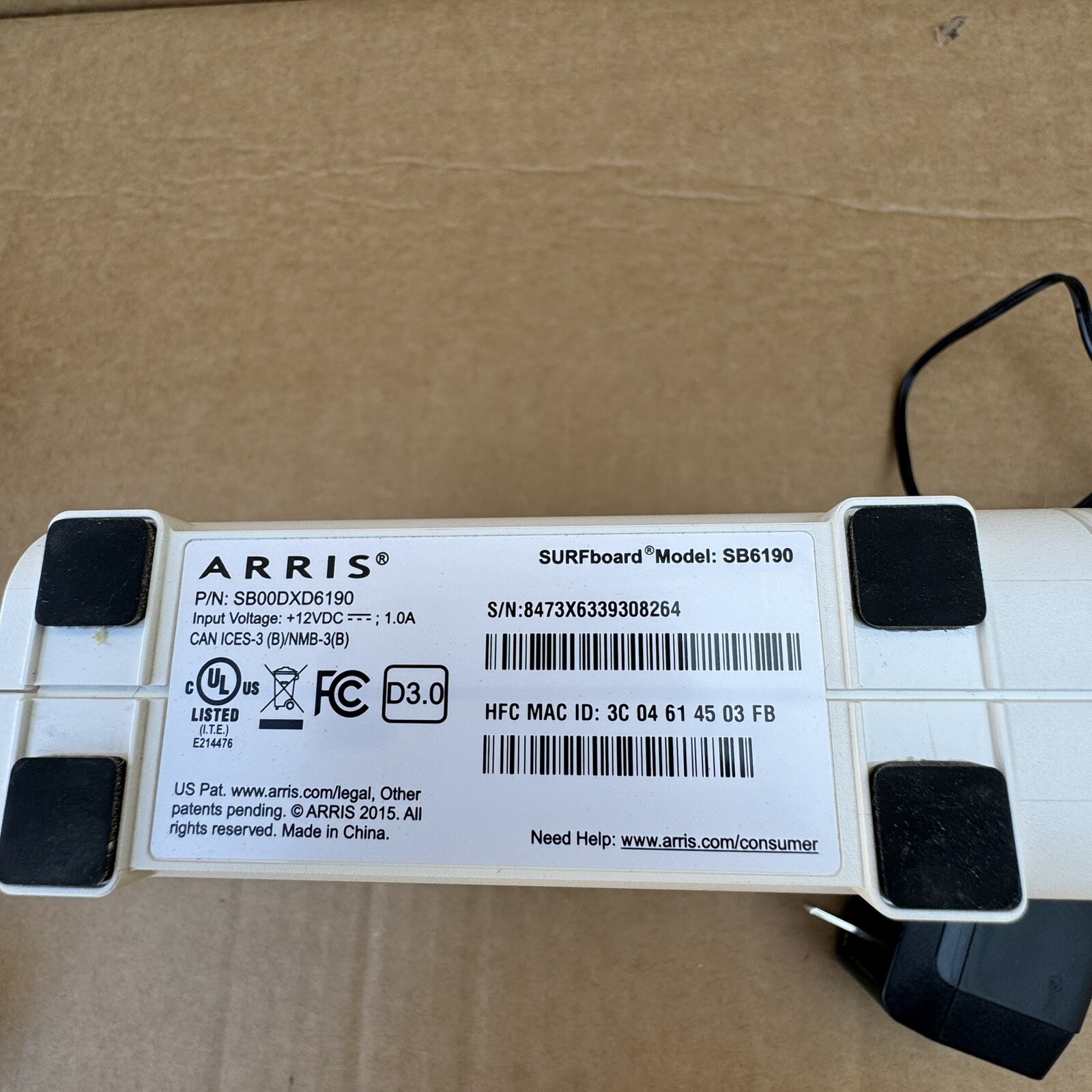Arris SB6190 SURFboard White 1Gbps Portable 12V Cable Wi-Fi Hotspot Modem