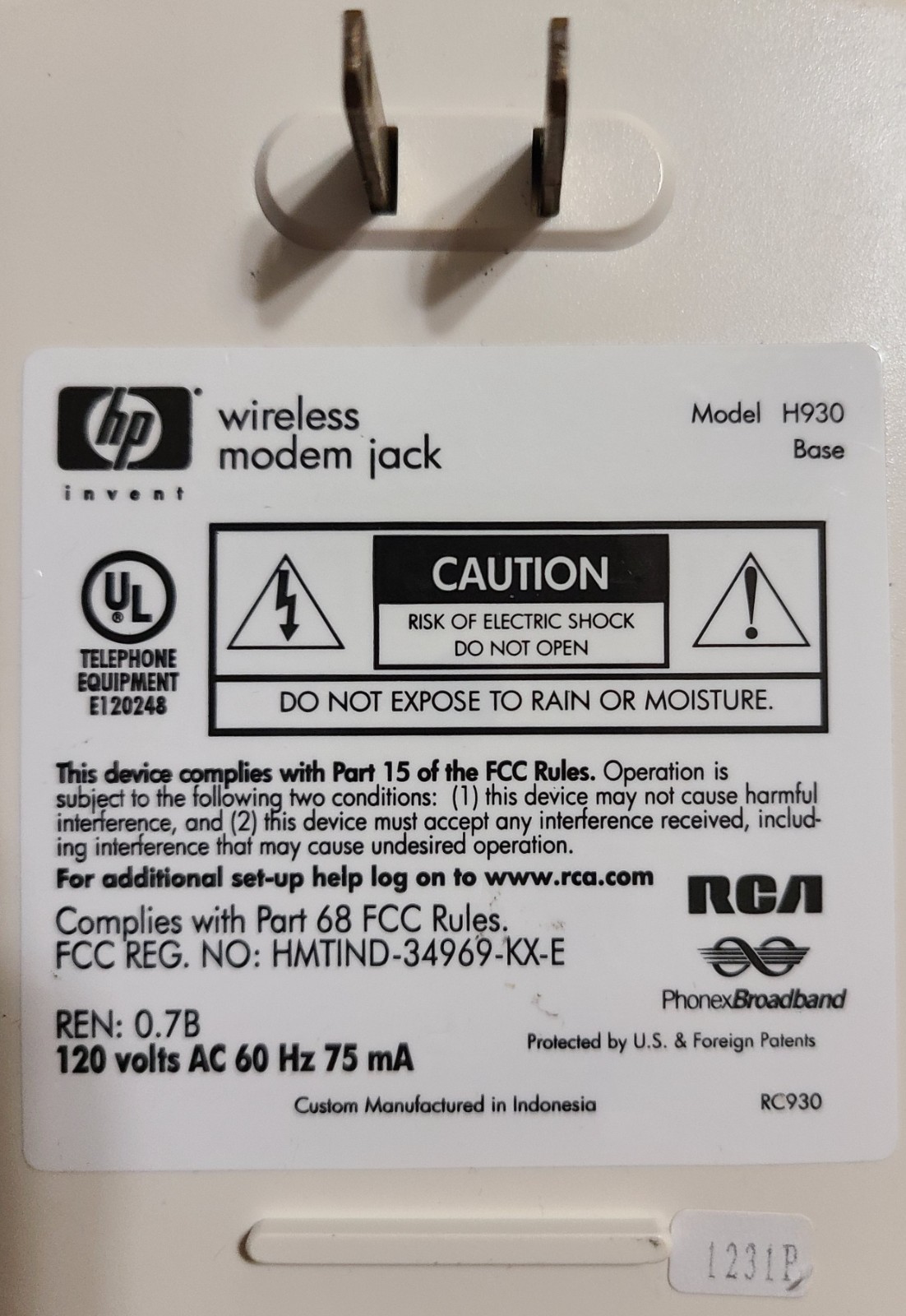 RCA H930 Wireless Modem Jack System BASE Unit, White