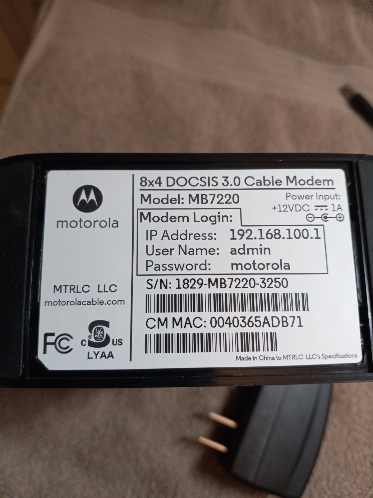 Motorola MB7220 8×4 DOCSIS 3.0 Cable Modem – Good