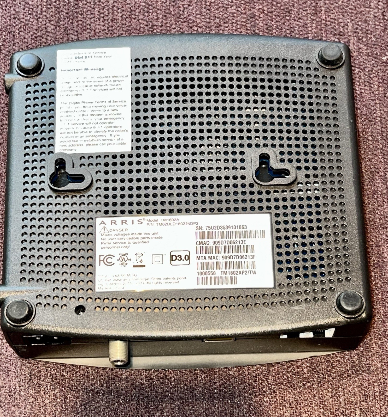 Arris TM1602A DOCSIS 3.0 Telephony Cable Modem Optimum WOW Cablevision Charter