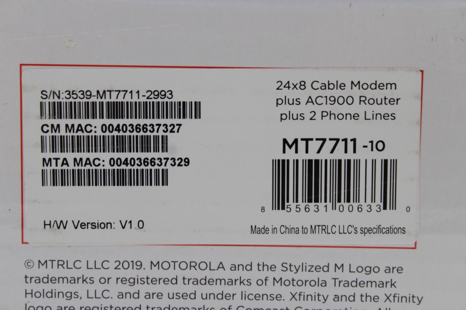 Motorola 24×8 Cable Modem + AC1900 WiFi Router + 2 Phone Line