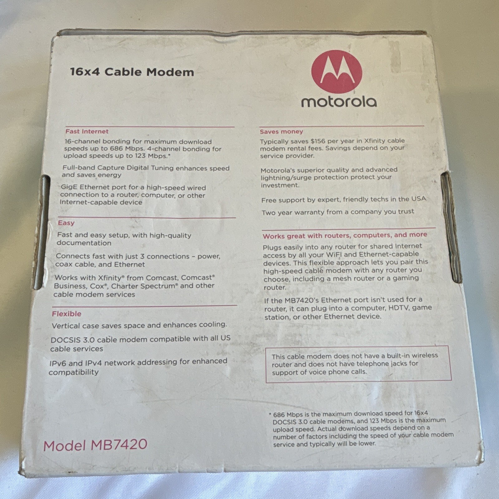 Motorola MB7420 Cable Modem DOCSIS 3.0 16×4 686 Mbps Xfinity Cox Spectrum