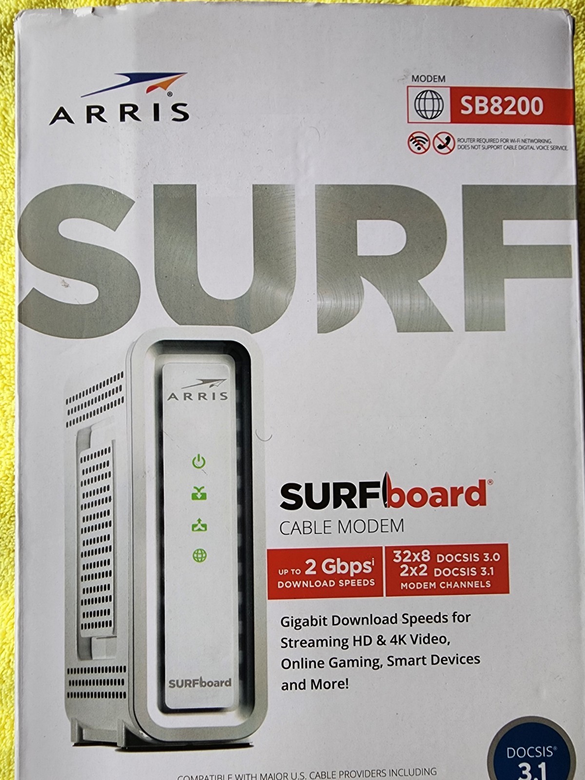 ARRIS SB8200 DOCSIS 3.1 White Surf Board Cable Modem Streaming HD & 4K Video