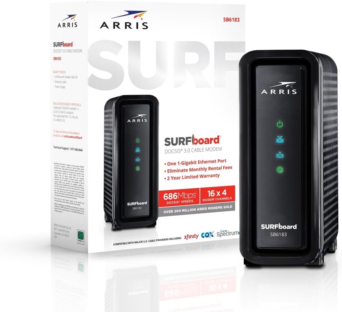 Surfboard SB6183 DOCSIS 3.0 Cable Modem: 400 Mbps Speed, 16×4 Channels