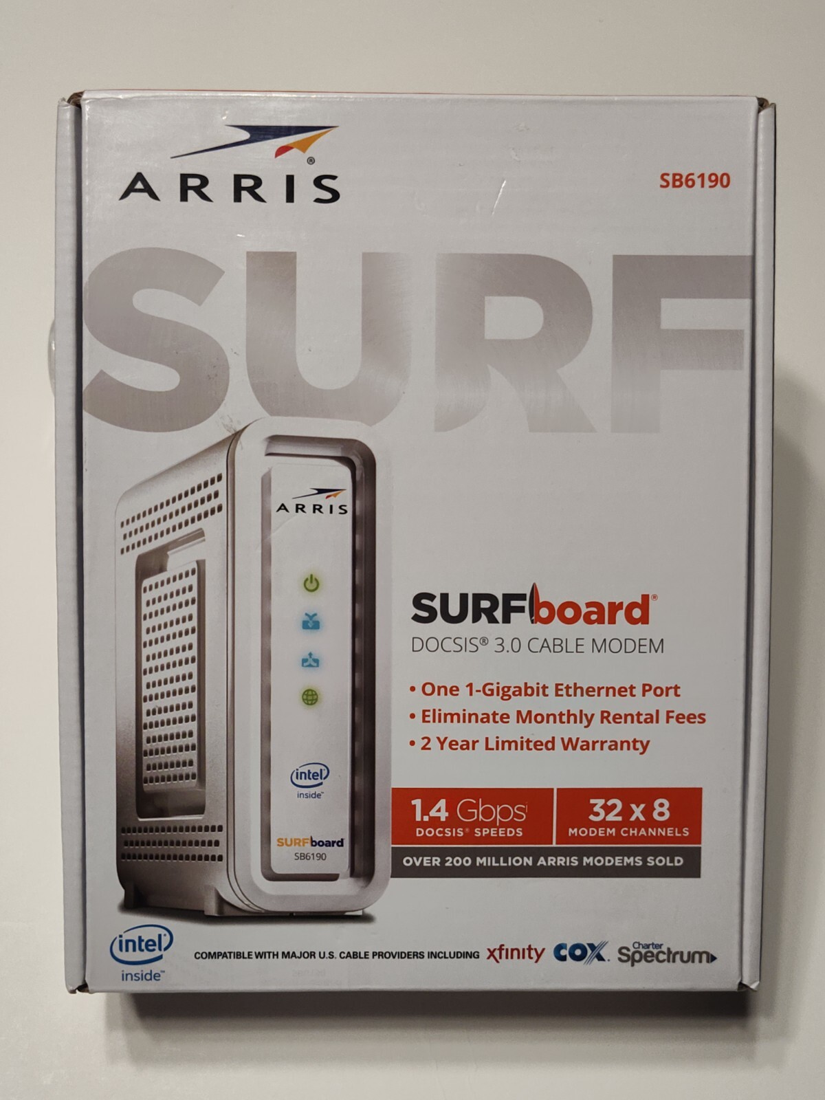 ARRIS SURFboard SB6190 DOCSIS 3.0 32 x 8 Gigabit Cable Modem 1 Gbps White.