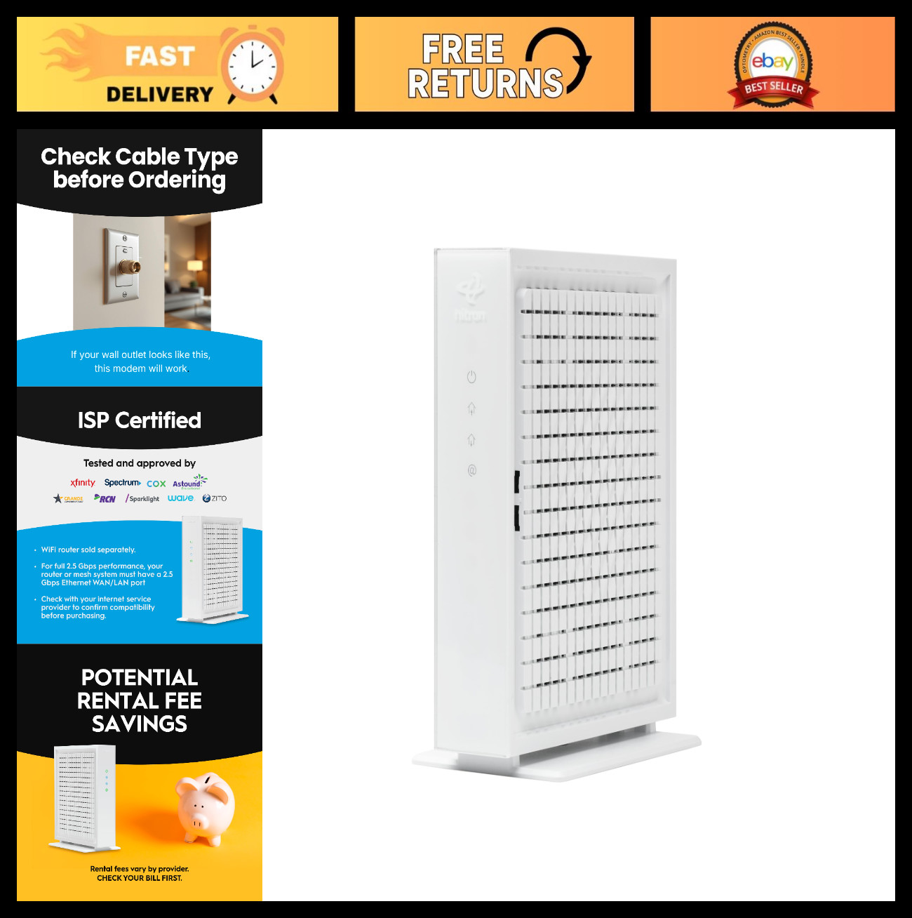 High-Speed DOCSIS 3.1 Cable Modem – 2.5 Gbps, Ethernet Port, Xfinity/Spectrum/Co